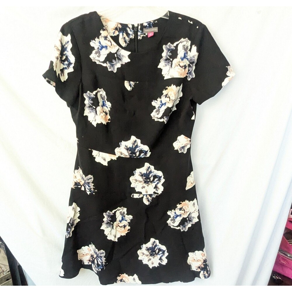 Vince Camuto Midi Dress Sz 10 Navy Blue White Floral Cap Sleeve Flare